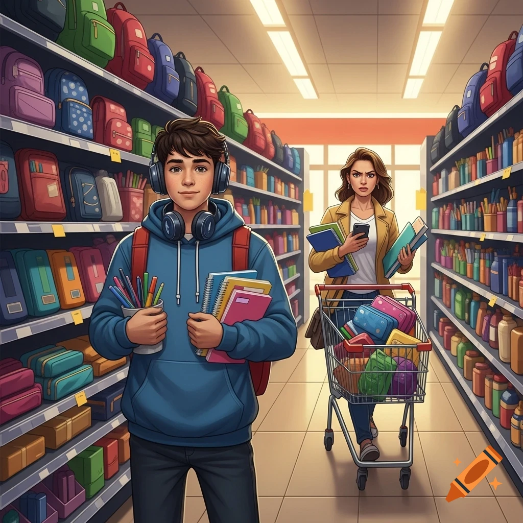 A smiling high school student with headphones and a backpack holds notebooks and pens in a school supply aisle, a stressed mom with a shopping cart behind him.