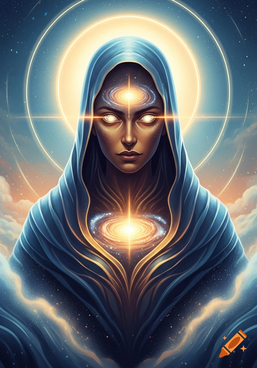 Mystical hooded figure with glowing eyes and cosmic galaxies on its forehead and chest, set against a celestial background with rings of light.