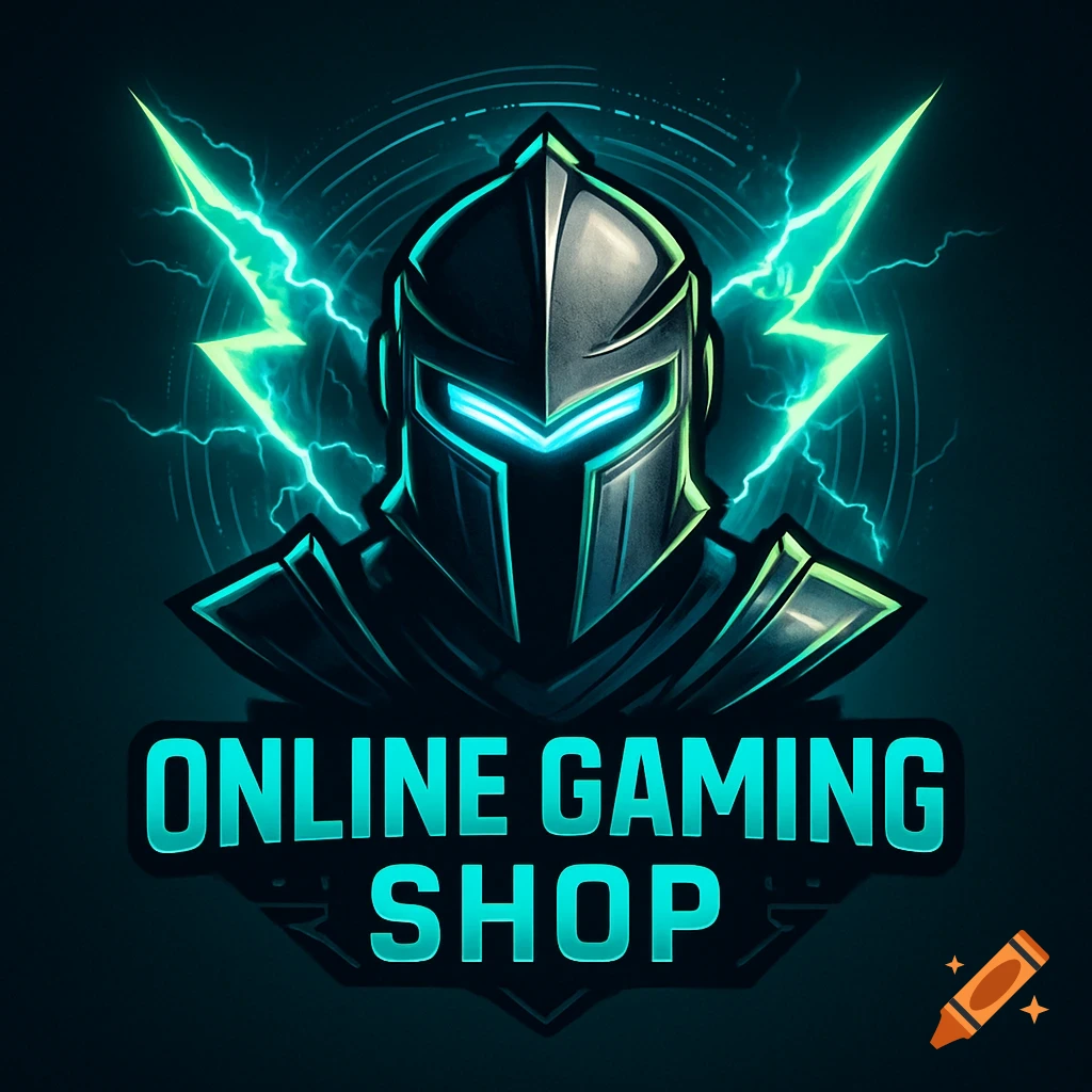 Gaming logo featuring a futuristic dark grey knight helmet with glowing blue eyes, flanked by green lightning bolts, above the text 'ONLINE GAMING SHOP'.