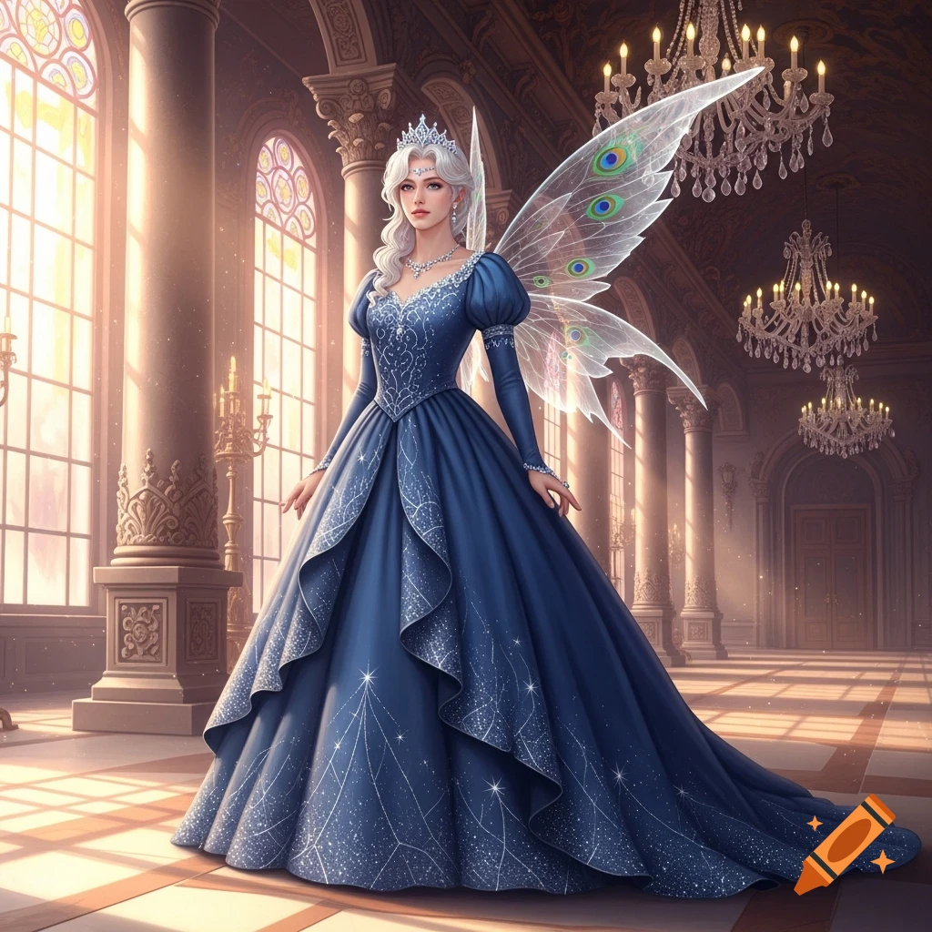 A white-haired fairy princess in a long blue ball gown with shimmering details stands in a grand palace hall.