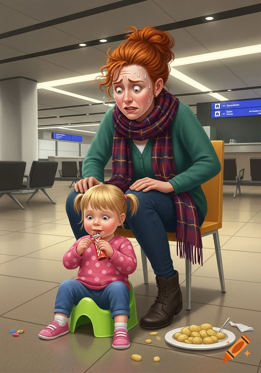 An illustration of a distressed, sweating mother at an airport, watching her child eat chocolate and potatoes on a potty.
