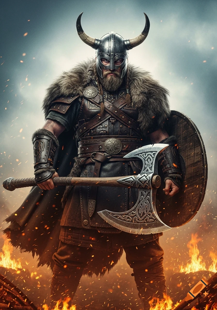 A dramatic, cinematic portrait of a heavily bearded Viking warrior in horned helmet and fur armor, holding a battle axe and shield, amidst fire.