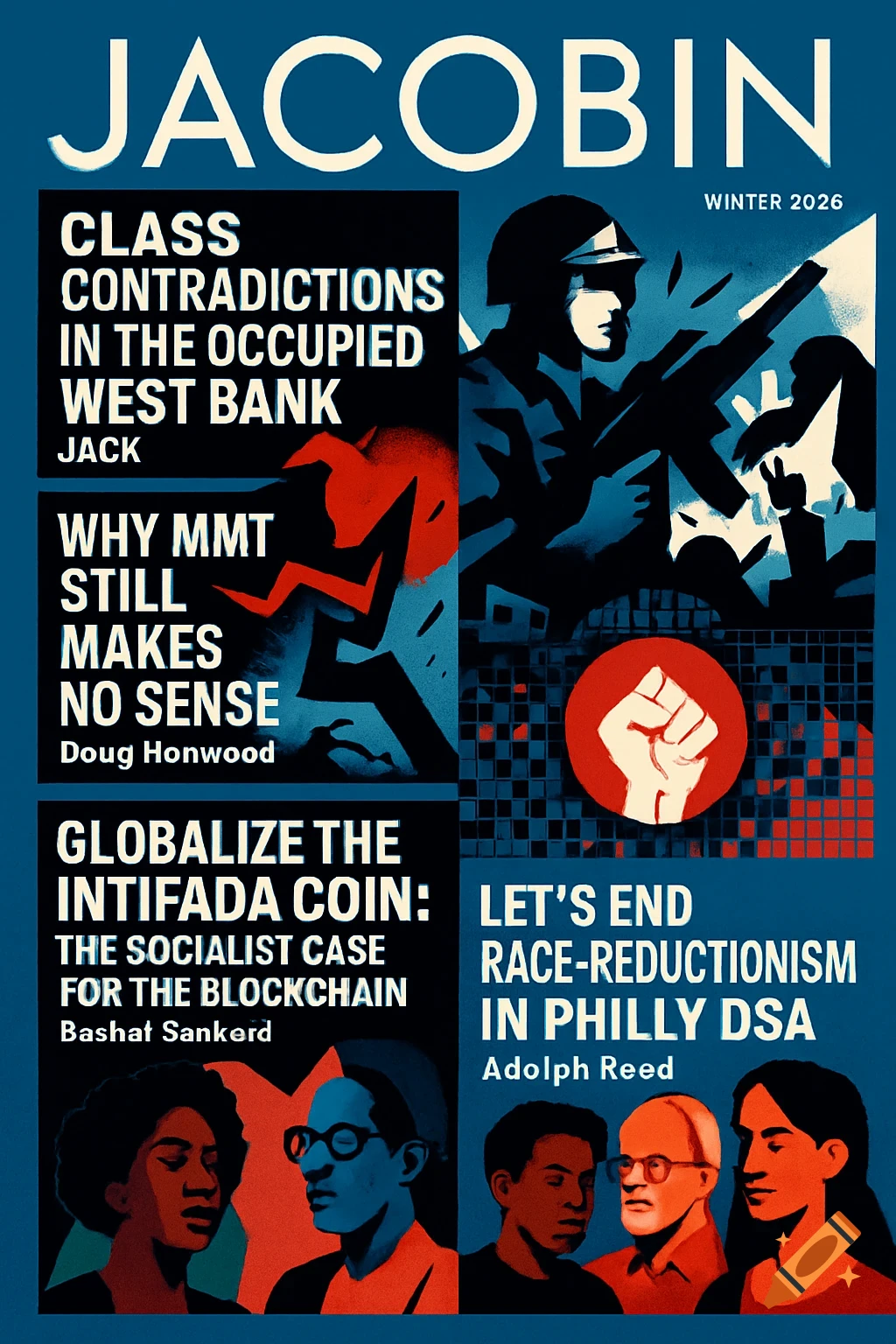 A stylized magazine cover titled "JACOBIN" with multiple articles, featuring illustrations of a soldier, a raised fist, and diverse individuals.