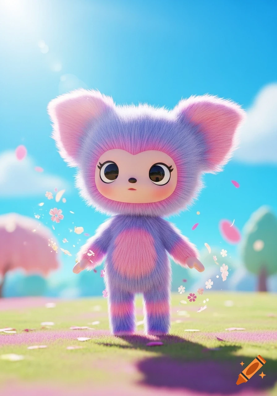 A fluffy, purple and pink creature with big ears and eyes stands in a vibrant green field with floating pink petals under a bright blue sky.