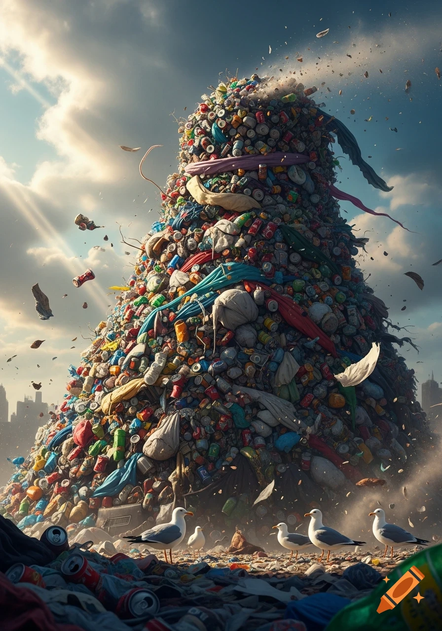 A photorealistic towering mountain of colorful trash with seagulls at its base under a dramatic, cloudy sky and a distant city skyline.