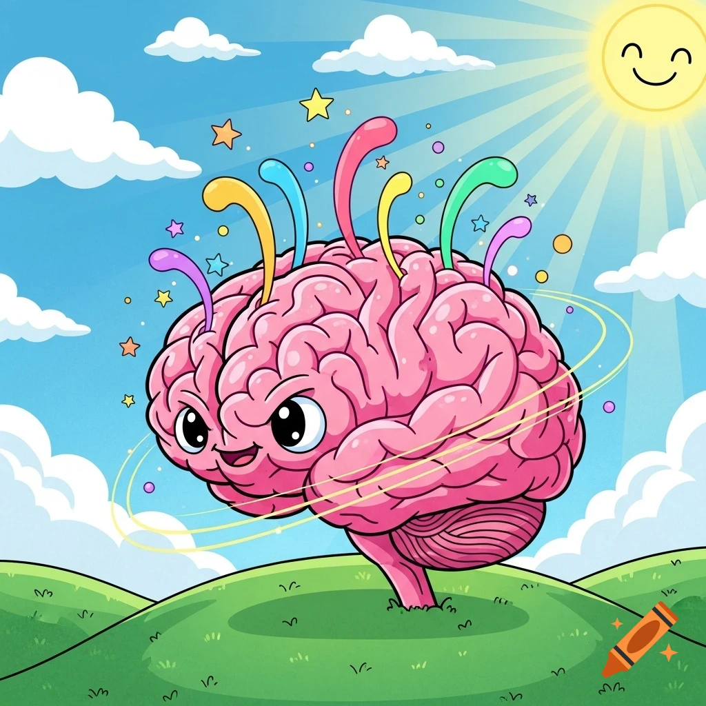 A vibrant cartoon brain with a happy face, colorful tubes, and stars, standing on green hills under a sunny blue sky with clouds.
