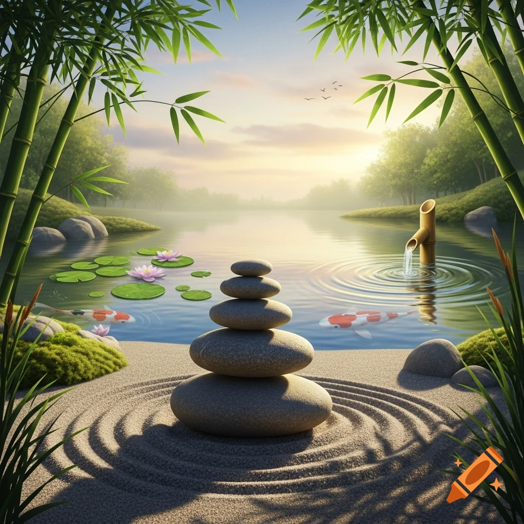 A serene zen garden with a stack of balanced stones on raked sand in the foreground, overlooking a tranquil pond with koi fish, lotus flowers, and a bamboo water spout under a soft, hazy sky. Tall bamboo stalks frame the scene.