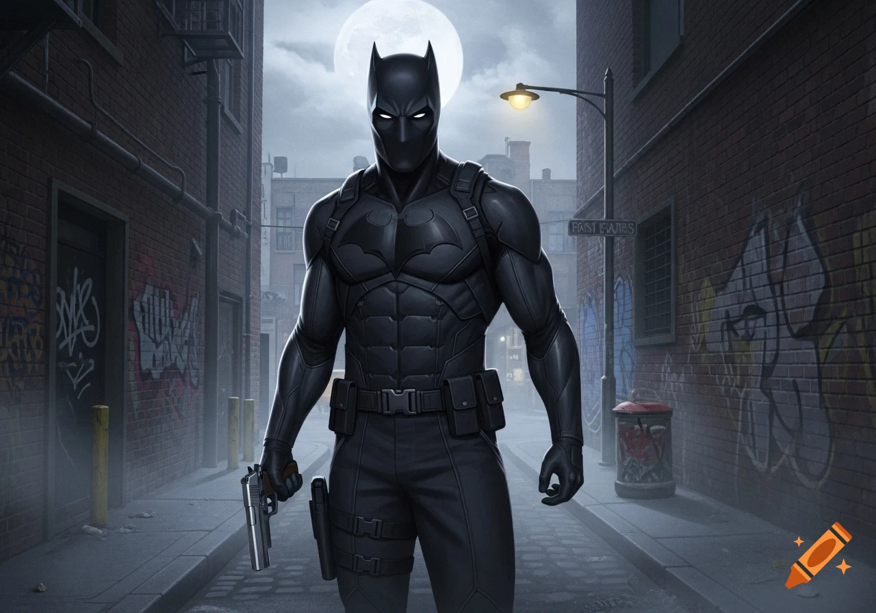A masked vigilante in a black armored suit holds a pistol in a dark, graffiti-covered alley under a full moon.