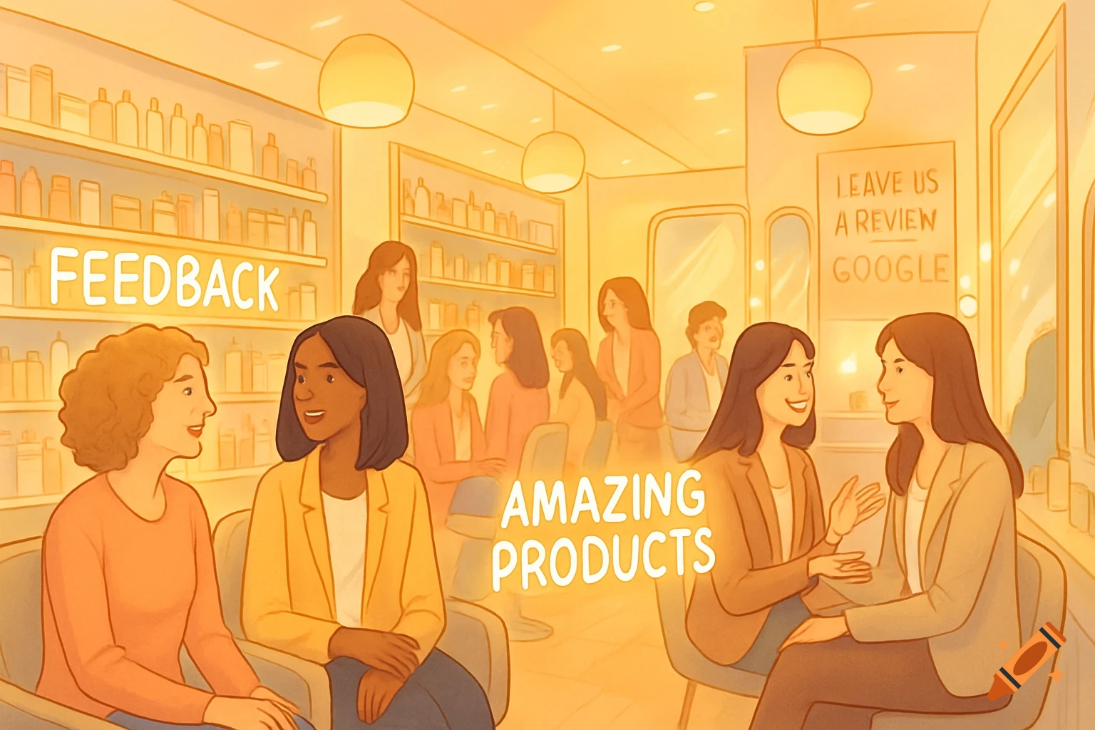 An illustration of women in a salon or store, with text overlays 'FEEDBACK', 'AMAZING PRODUCTS', and 'LEAVE US A REVIEW GOOGLE'.