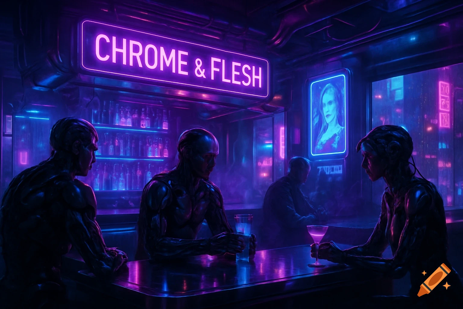 Cyberpunk bar with neon purple and blue lights, cyborg patrons drinking at the counter, a neon sign reads 'Chrome & Flesh'.
