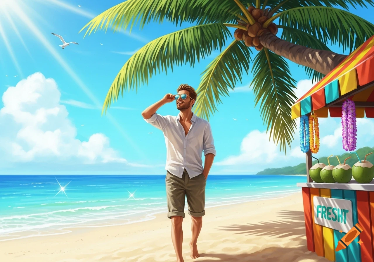 A smiling man in shorts and a white shirt walks on a sunny beach past a coconut stand, an illustrative scene.