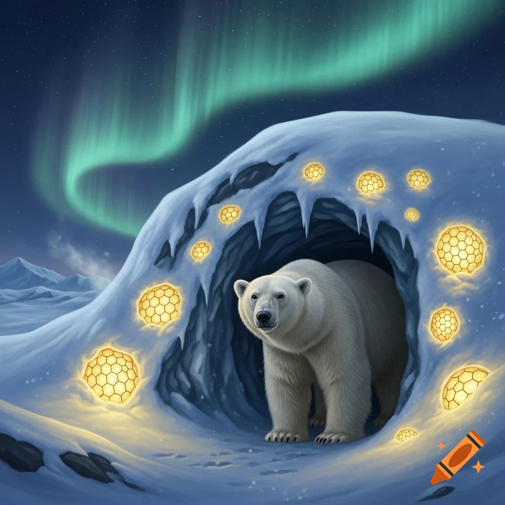 A majestic polar bear stands at the entrance of an icy cave with glowing honeycomb patterns, under an aurora-lit arctic night sky in a fantasy realism style.