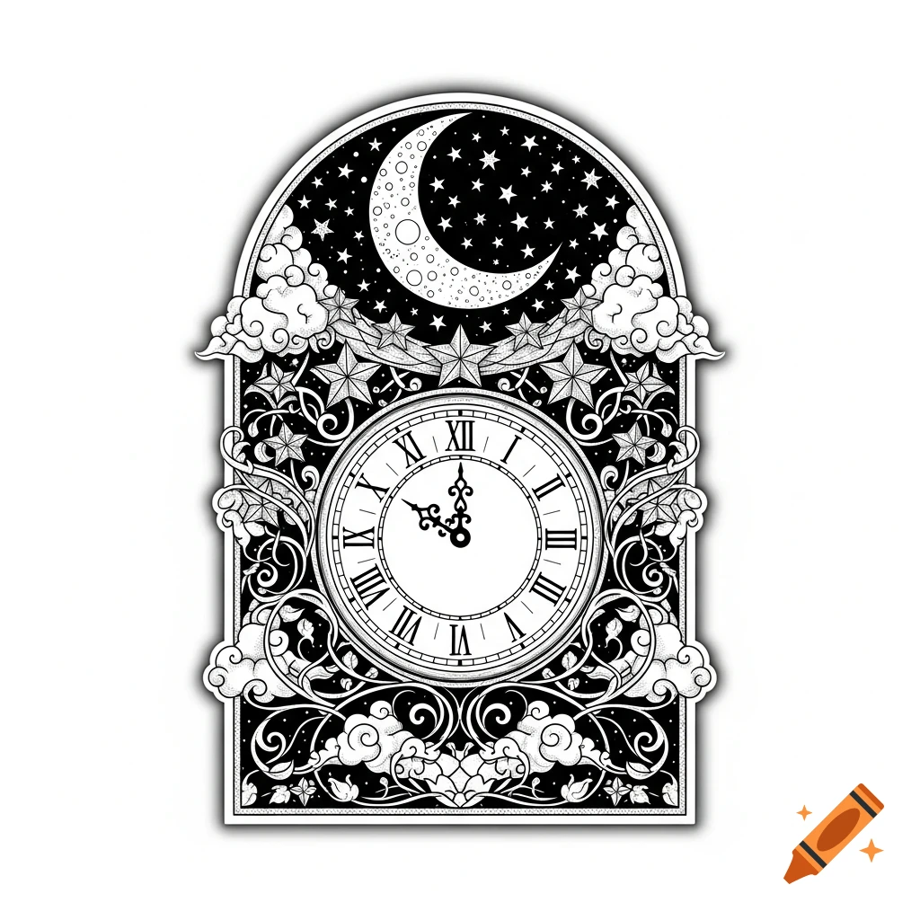 A black and white decorative arched frame featuring a clock, crescent moon, stars, and clouds with intricate floral patterns.