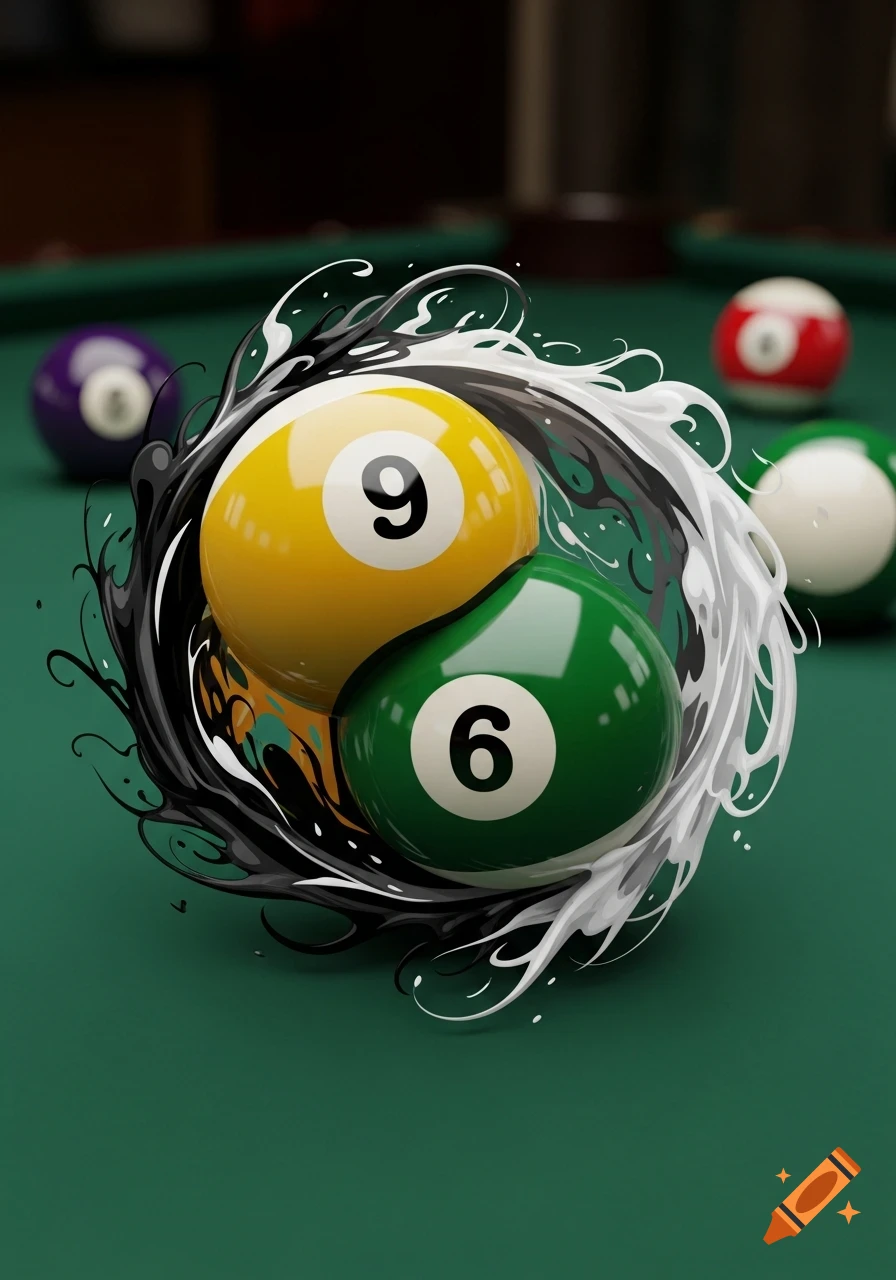 A yellow 9 ball and a green 6 ball intertwine in a black and white fluid yin-yang design on a pool table.