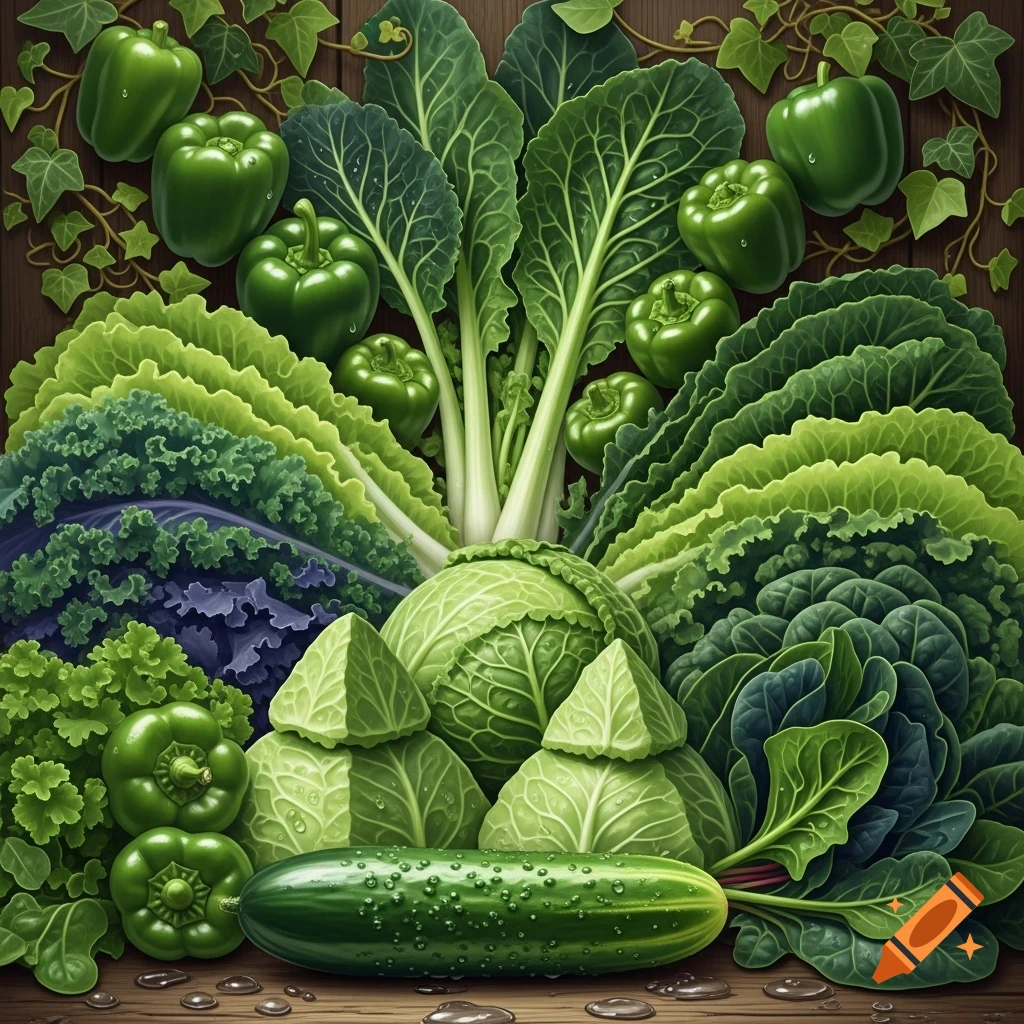 Vibrant green bell peppers, cabbage, kale, spinach, and a cucumber arranged on a wooden background, shot from above.