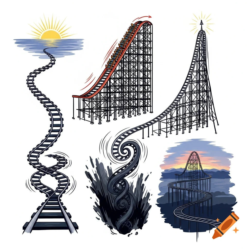 Multiple stylized illustrations of rollercoaster tracks and structures, including a coaster climbing a hill, a track winding into a sunset, and a swirling track.