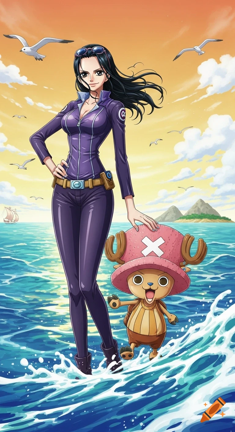 Nico Robin in a purple suit and Tony Tony Chopper in a pink hat stand in the ocean under a sunset sky, 2D anime style.