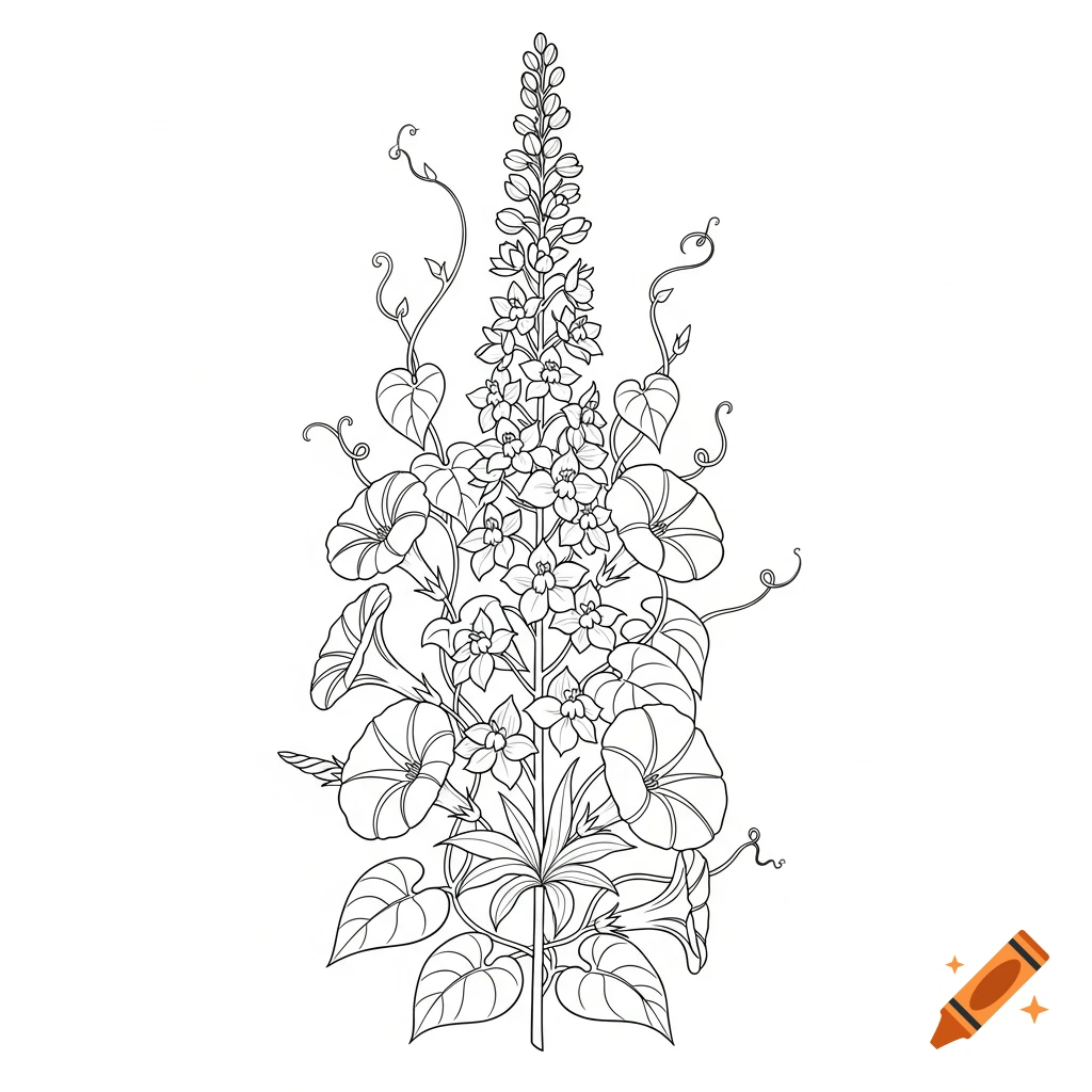 Fine line drawing of a tall cluster of larkspur and morning glory flowers with leaves and tendrils.