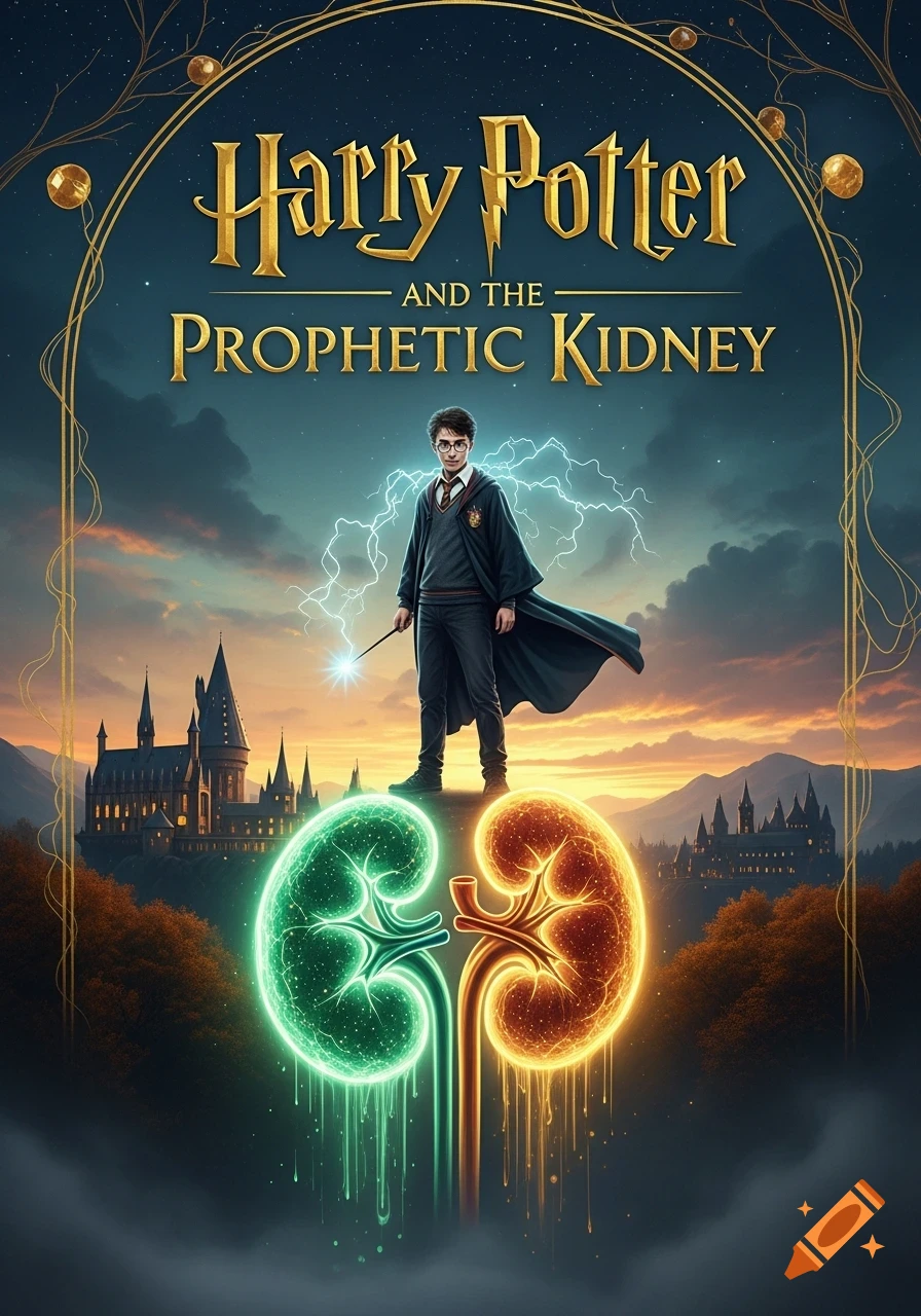 Fantasy book cover featuring Harry Potter casting a spell over glowing green and orange kidneys, with a castle under a dramatic sky.