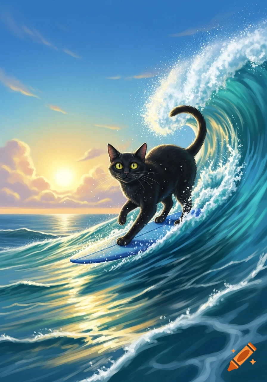 A vibrant illustration of a black cat with yellow eyes surfing a large wave at sunset in the ocean.