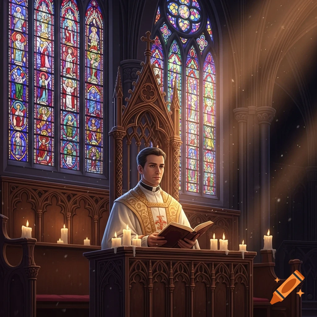 A young priest in white vestments reads from a book at a wooden lectern, bathed in light from vibrant stained-glass windows.