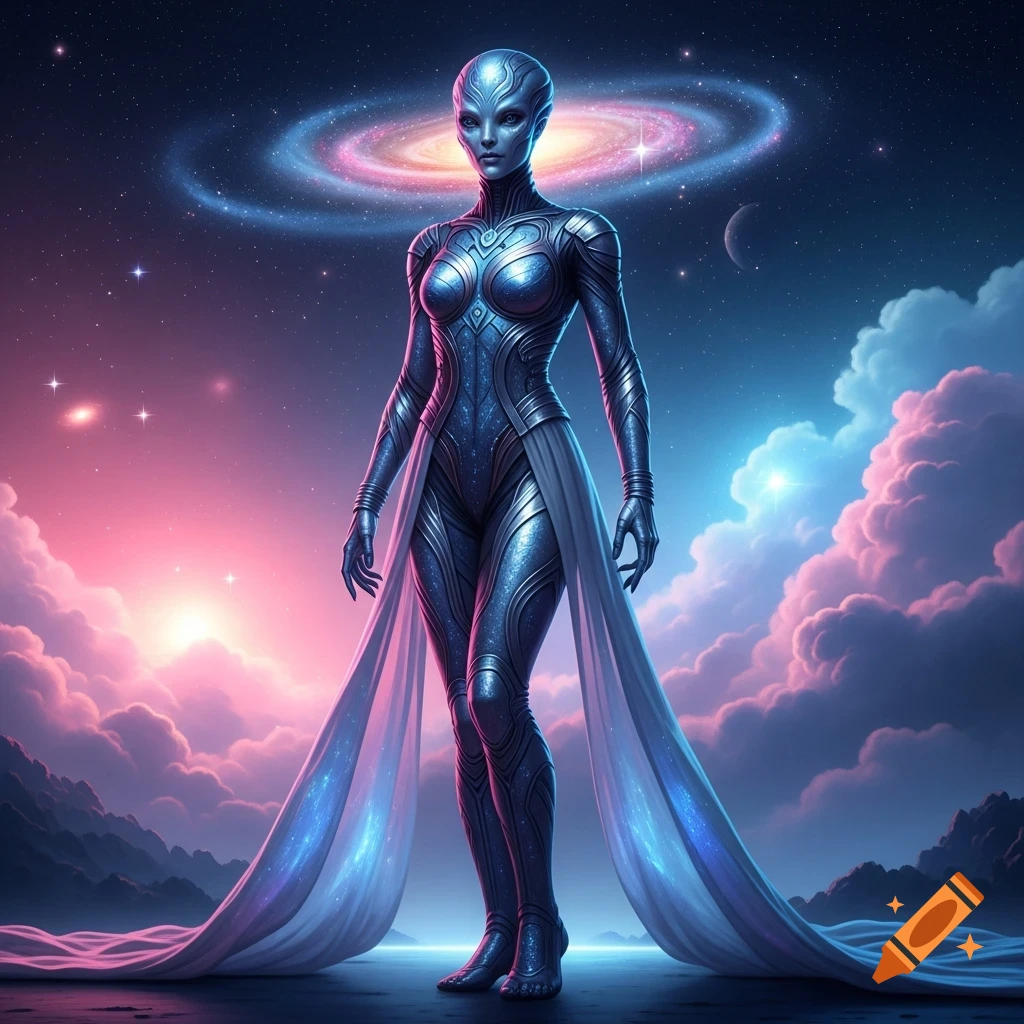 A majestic, metallic blue-silver alien with flowing robes stands under a vibrant starry sky with a swirling galaxy and colorful clouds.
