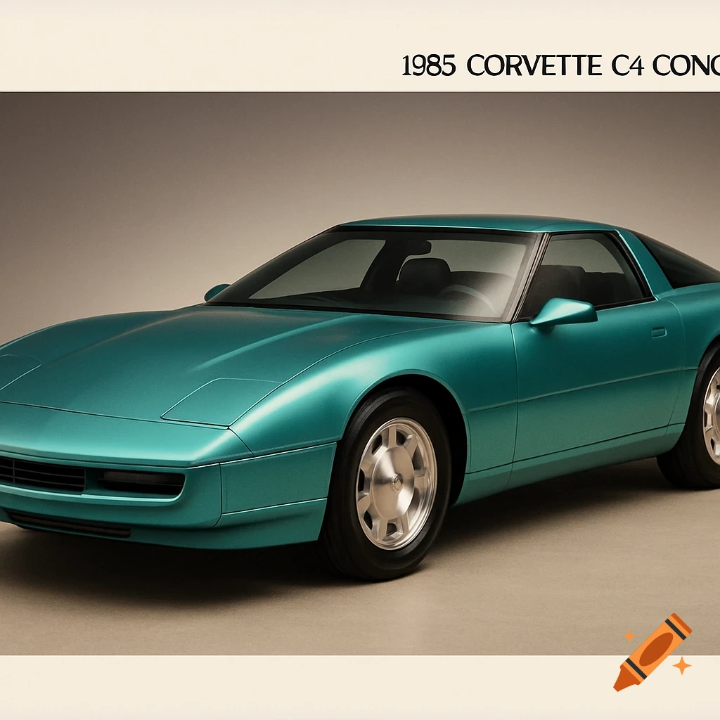 A sleek, turquoise metallic 1985 Corvette C4 Concept car is shown from the side in a studio setting with text at the top.