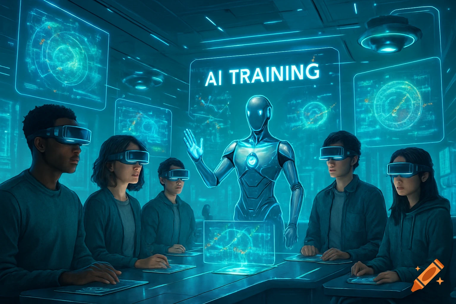 People in VR headsets attend an AI training session led by a holographic robot in a futuristic room.