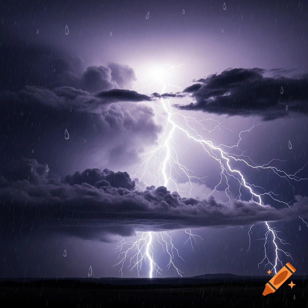 Multiple bright lightning bolts illuminate dark storm clouds with falling rain over a distant horizon.