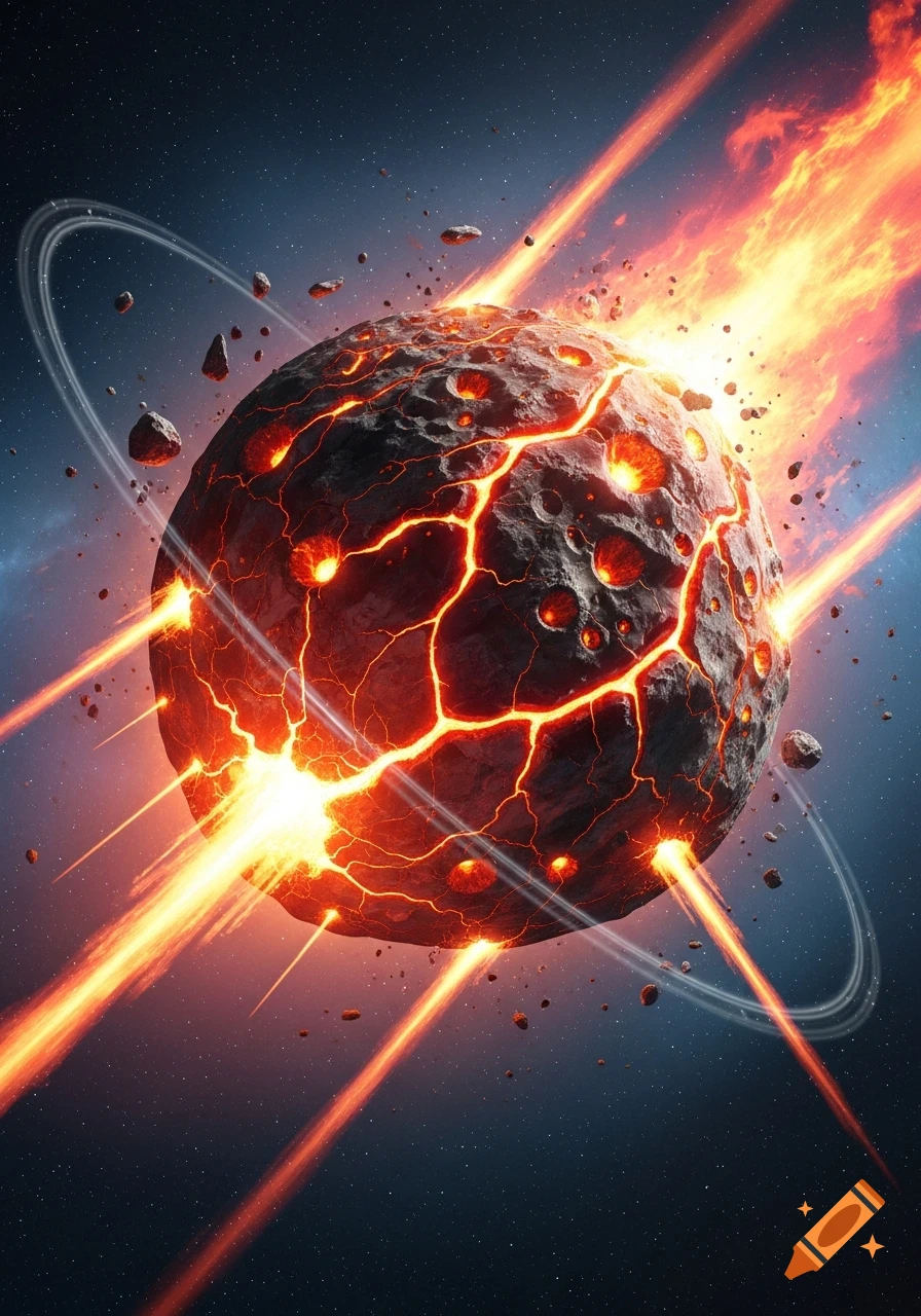 A molten asteroid cracking and exploding in deep space, surrounded by debris and bright orange-red flames and energy beams.