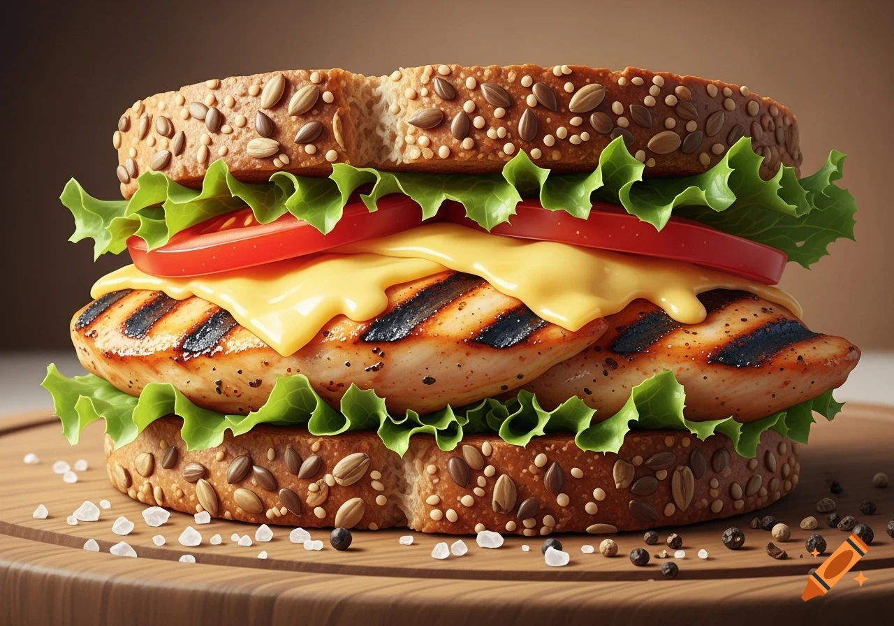 Photorealistic grilled chicken sandwich with melted cheese, lettuce, and tomatoes on seeded whole-grain bread, on a wooden board.