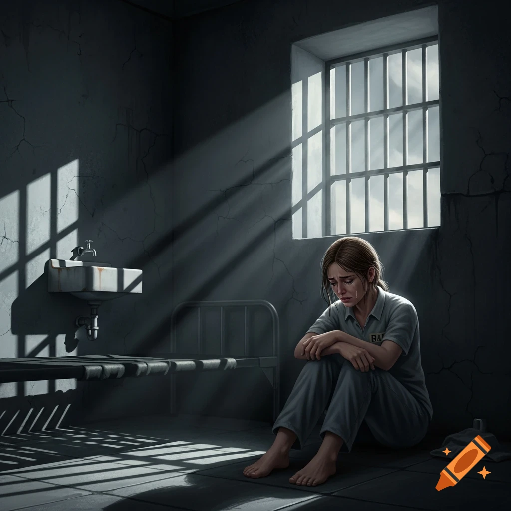 A sad woman sits barefoot on the floor of a dark prison cell, with light streaming through a barred window.
