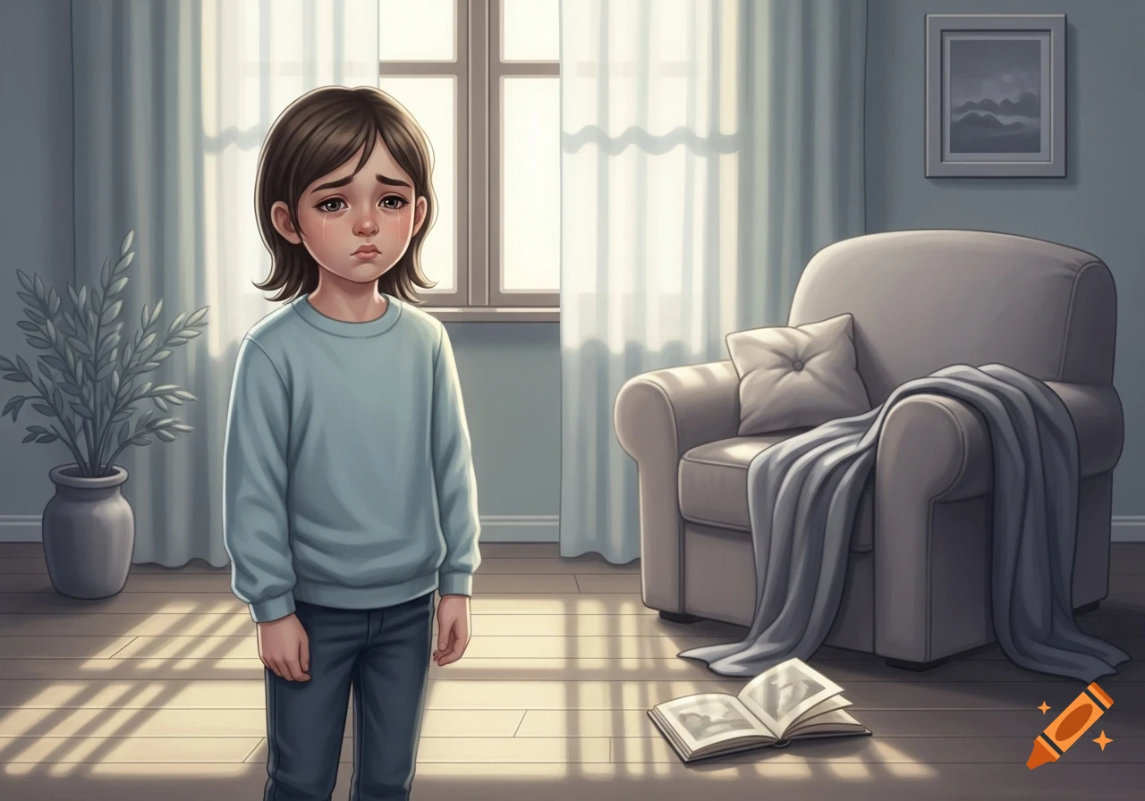 Illustration of a sad, crying preteen child standing in a sunlit room with an armchair and an open book.
