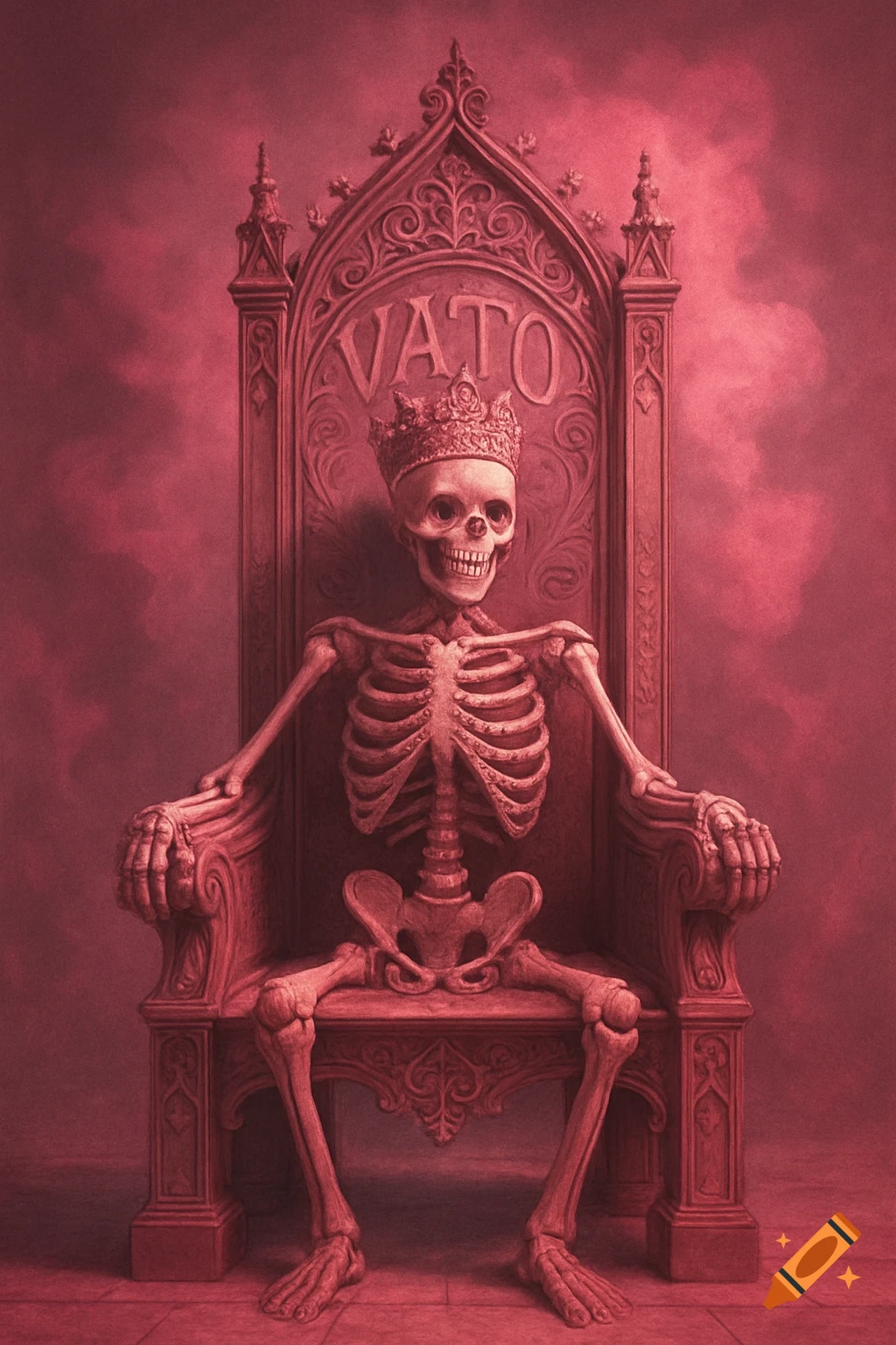 A stylized skeleton wearing a crown sits on an ornate gothic throne with 'VATO' carved into its back, all in a pink and red palette.