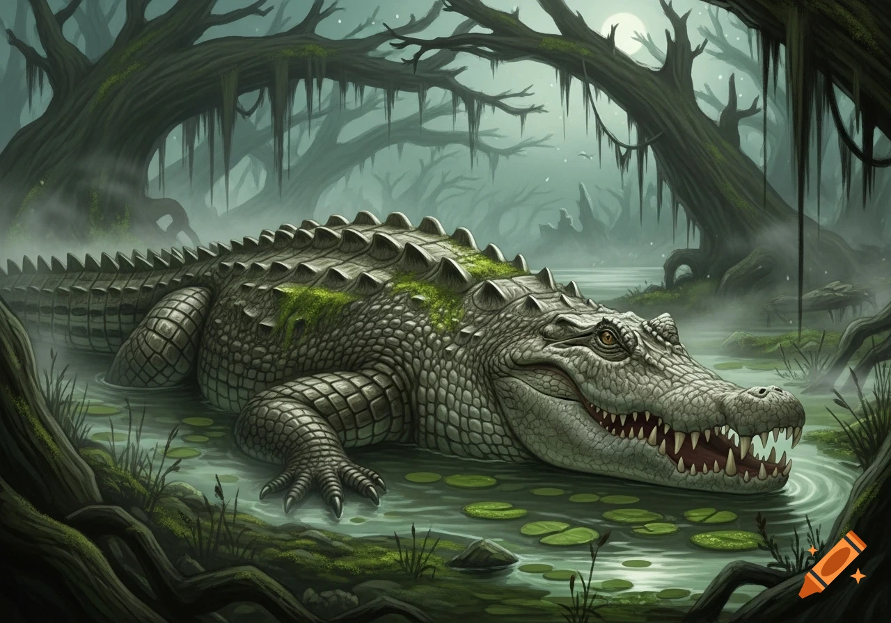 A massive alligator-crocodile hybrid rests in a murky swamp surrounded by dark, moss-draped trees.