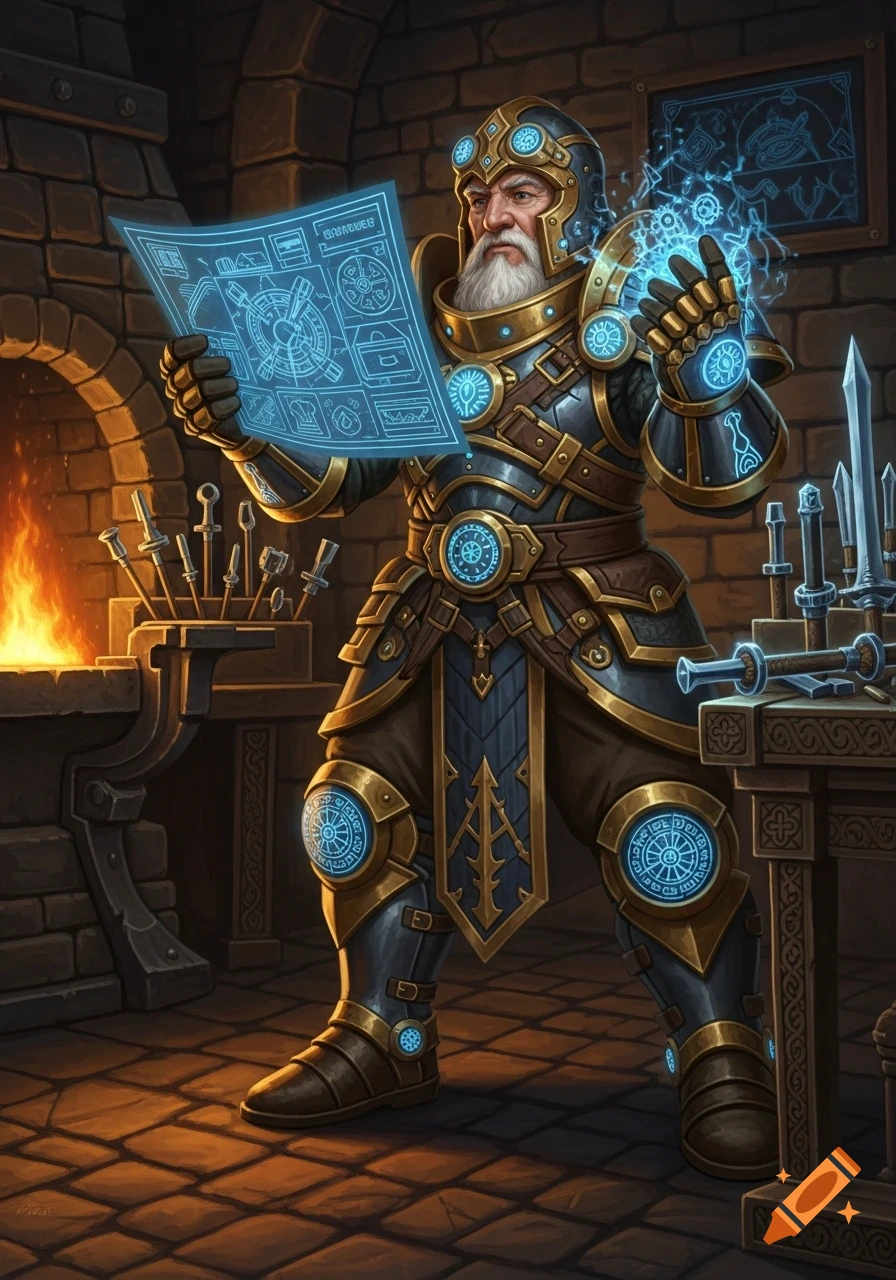 An armored artificer with a long white beard examines glowing blue blueprints in a smithy, with magical energy crackling from his right hand.