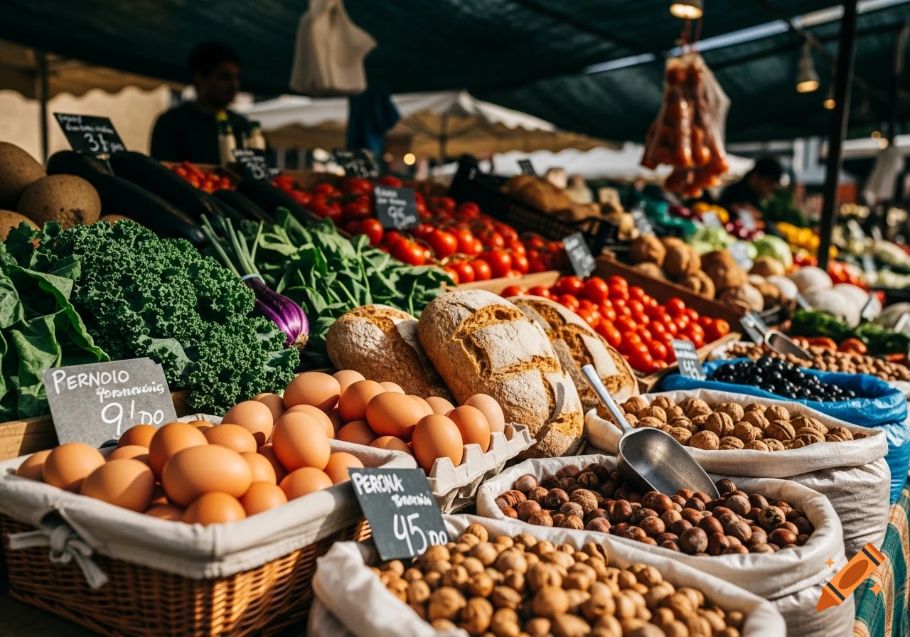 Close-up of a vibrant market stand laden with fresh vegetables, eggs, loaves of bread, and various nuts in baskets and bags under a canopy.