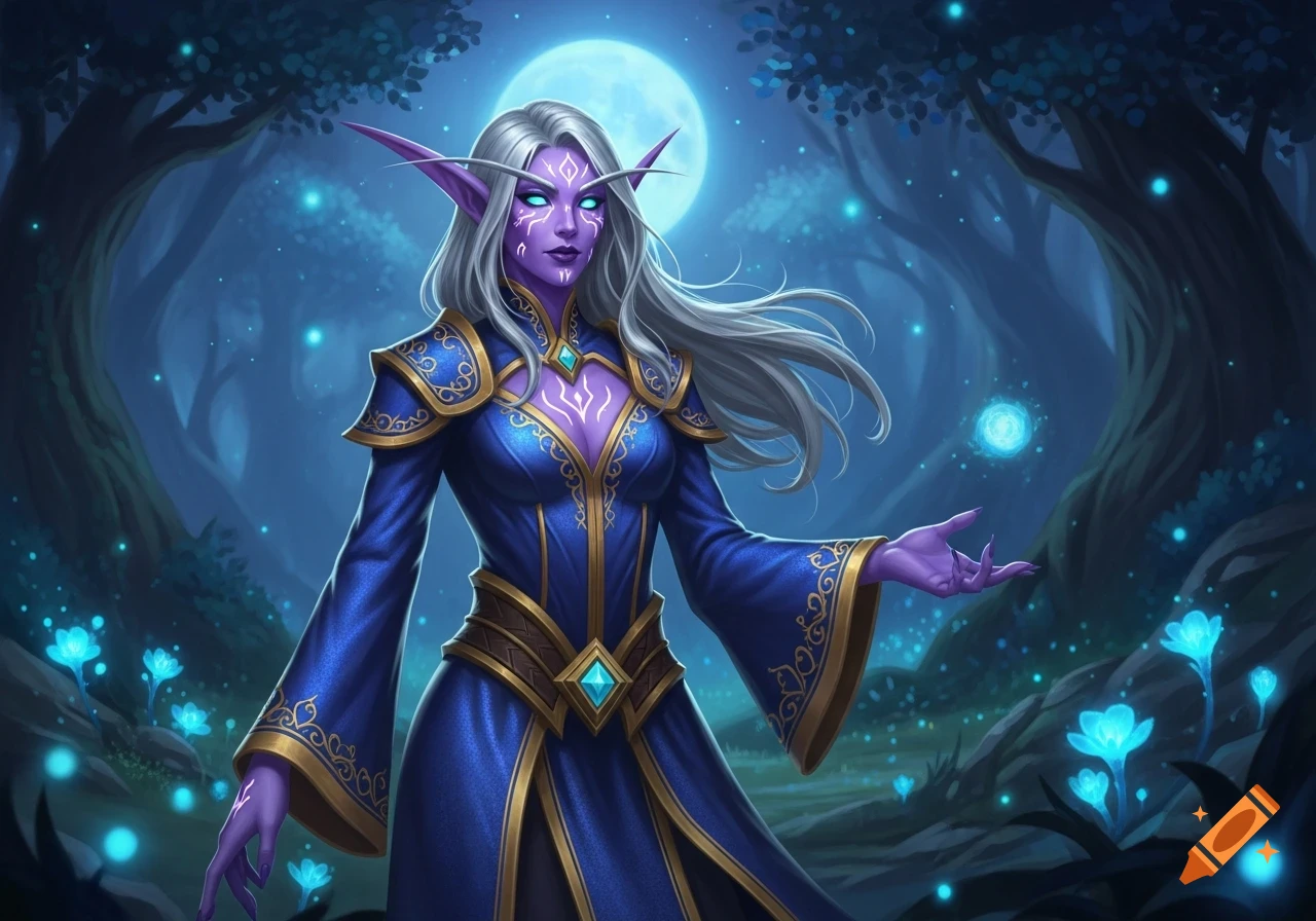 A purple-skinned female elf with white hair and glowing eyes, wearing a blue and gold robe, stands in a magical blue forest under a full moon.