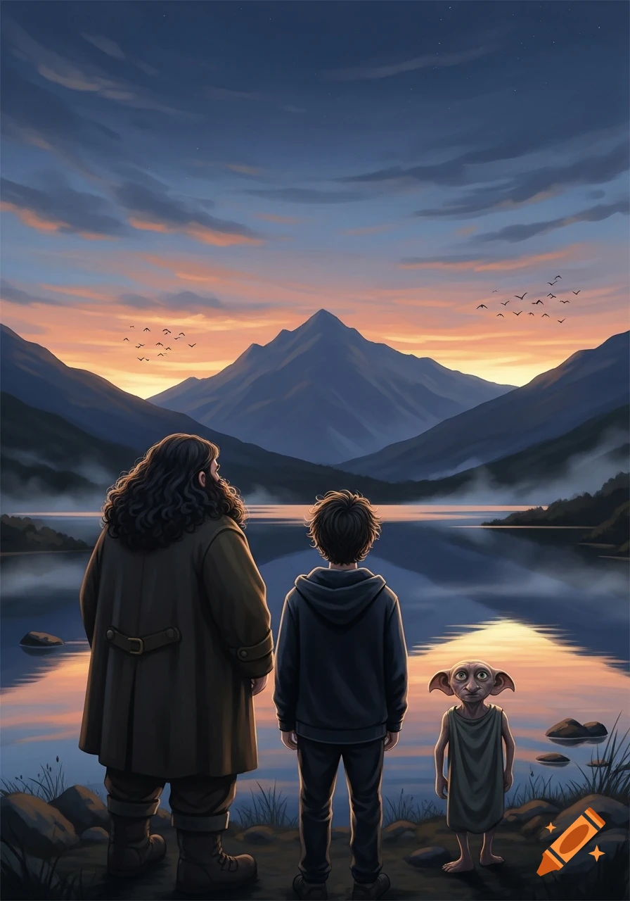Hagrid, Harry Potter, and Dobby stand with their backs to the viewer, looking at a serene lake and mountains at sunset, illustrated.