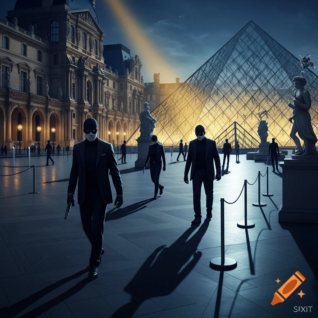 Photorealistic image of masked figures in suits walking at night in front of the Louvre Pyramid and museum building, suggesting a heist.