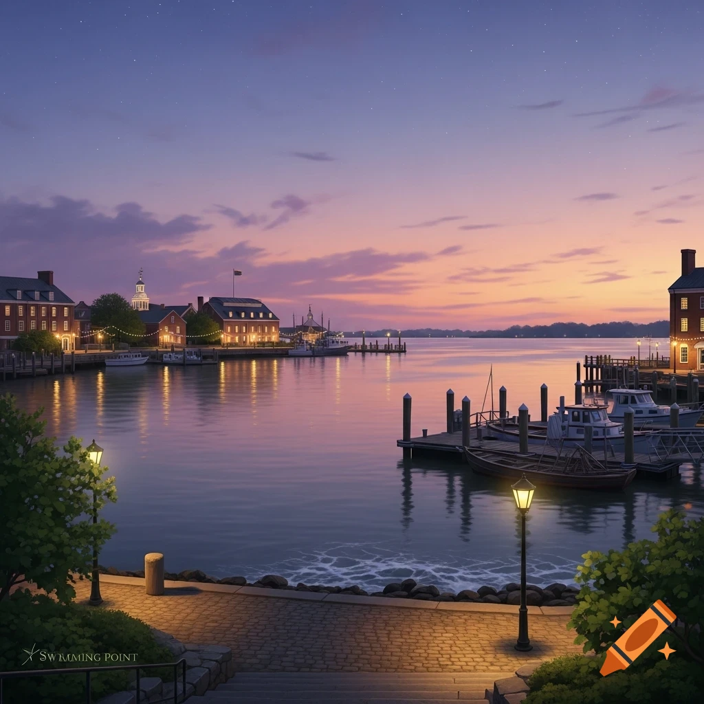 A serene harbor at dusk with boats docked, illuminated buildings along the waterfront, and warm lights reflecting on calm water under a purple-orange sky.