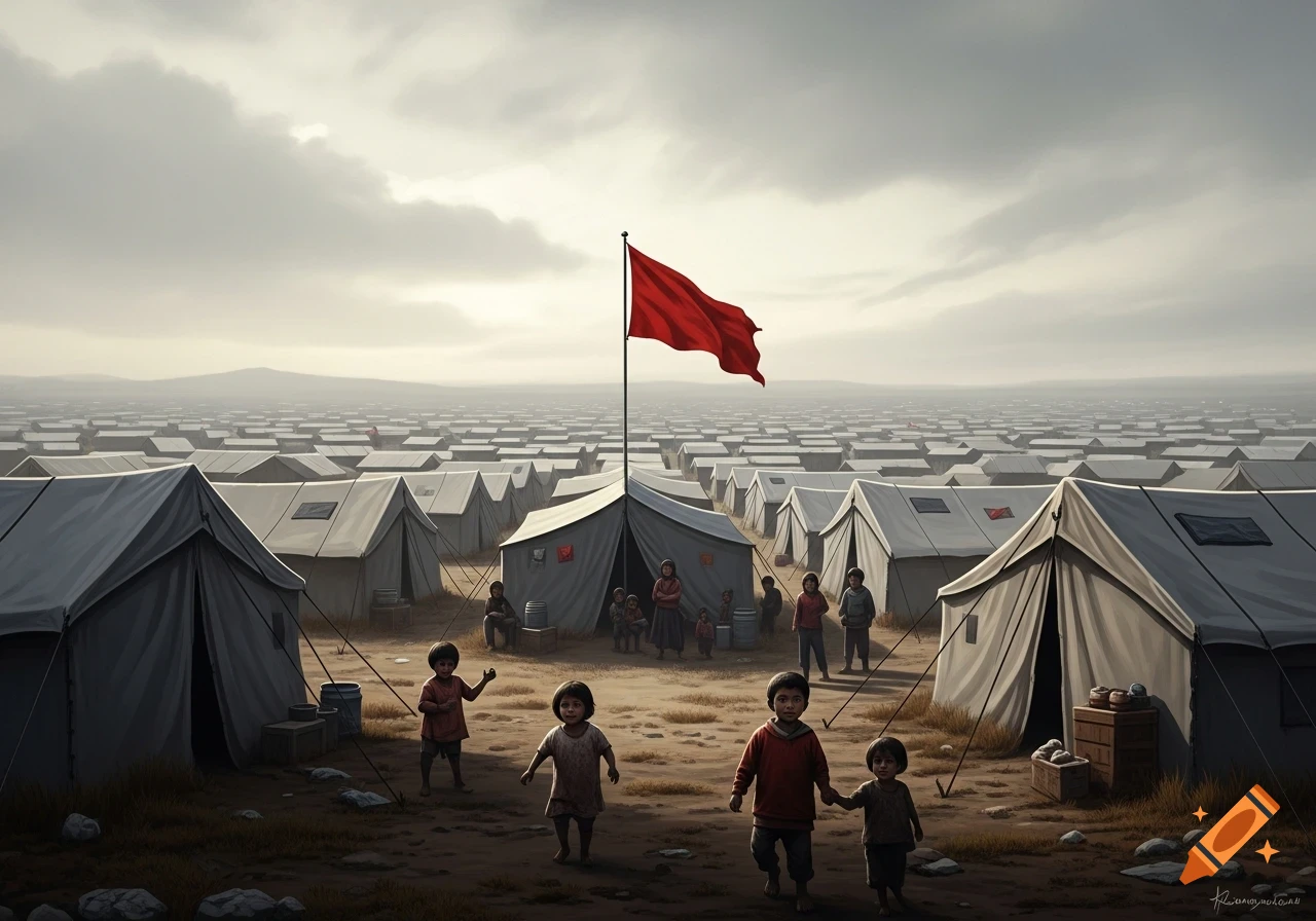 A vast refugee camp under a cloudy sky, with numerous tents stretching into the distance. A large red flag waves from a central tent. Several children walk in the foreground, with adults visible near tents.