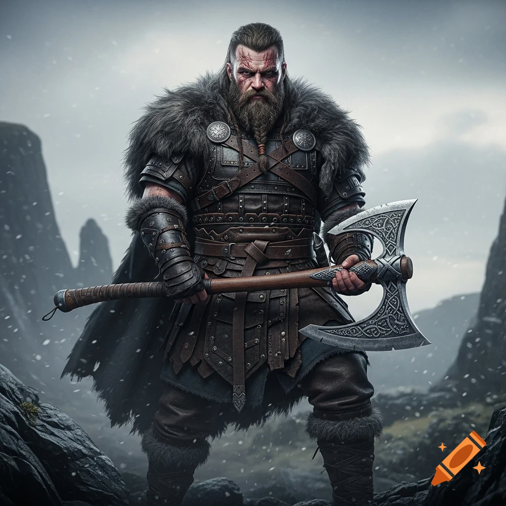 A fierce, bearded Viking warrior in fur and leather armor stands in a snowy mountain landscape, holding a large double-bladed axe.