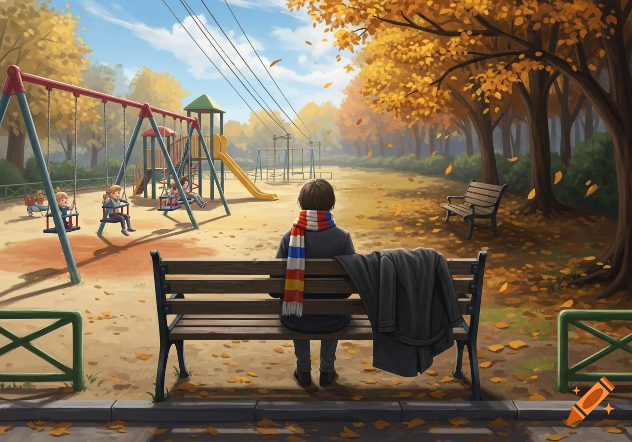 A person with a striped scarf sits on a bench, looking at children playing on swings in an autumn park with fallen leaves.