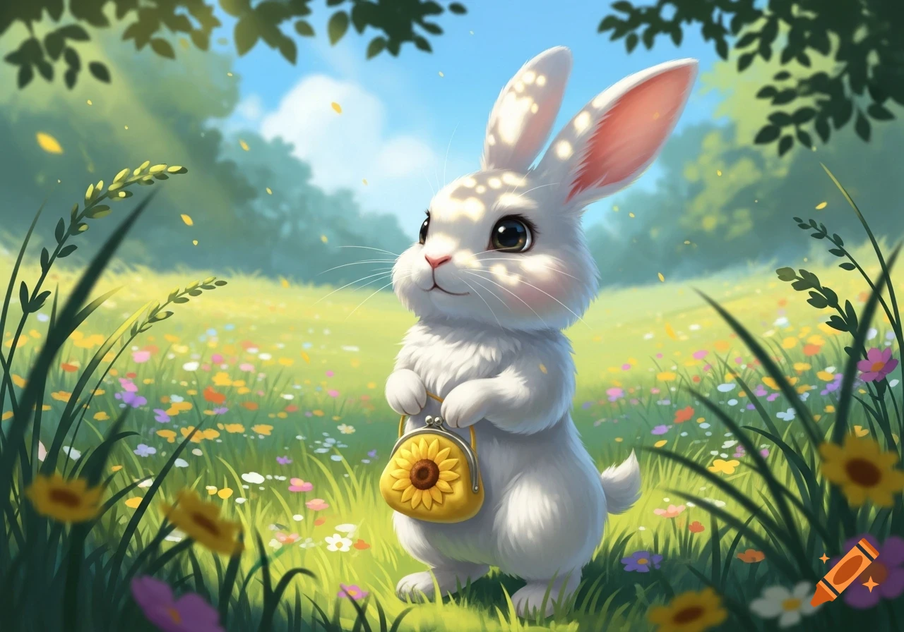 A cute white cartoon rabbit stands in a field of colorful flowers ...