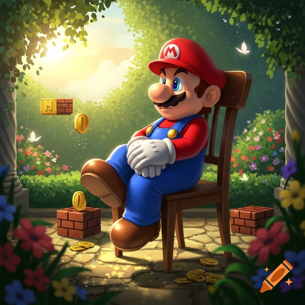 Super Mario sits relaxed on a wooden chair in a vibrant, sunlit fantasy garden with floating coins and brick blocks.
