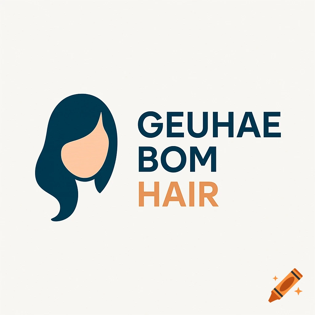 A minimalist logo for GEUHAE BOM HAIR, featuring a stylized head with long dark blue hair and a peach face, alongside the brand name.
