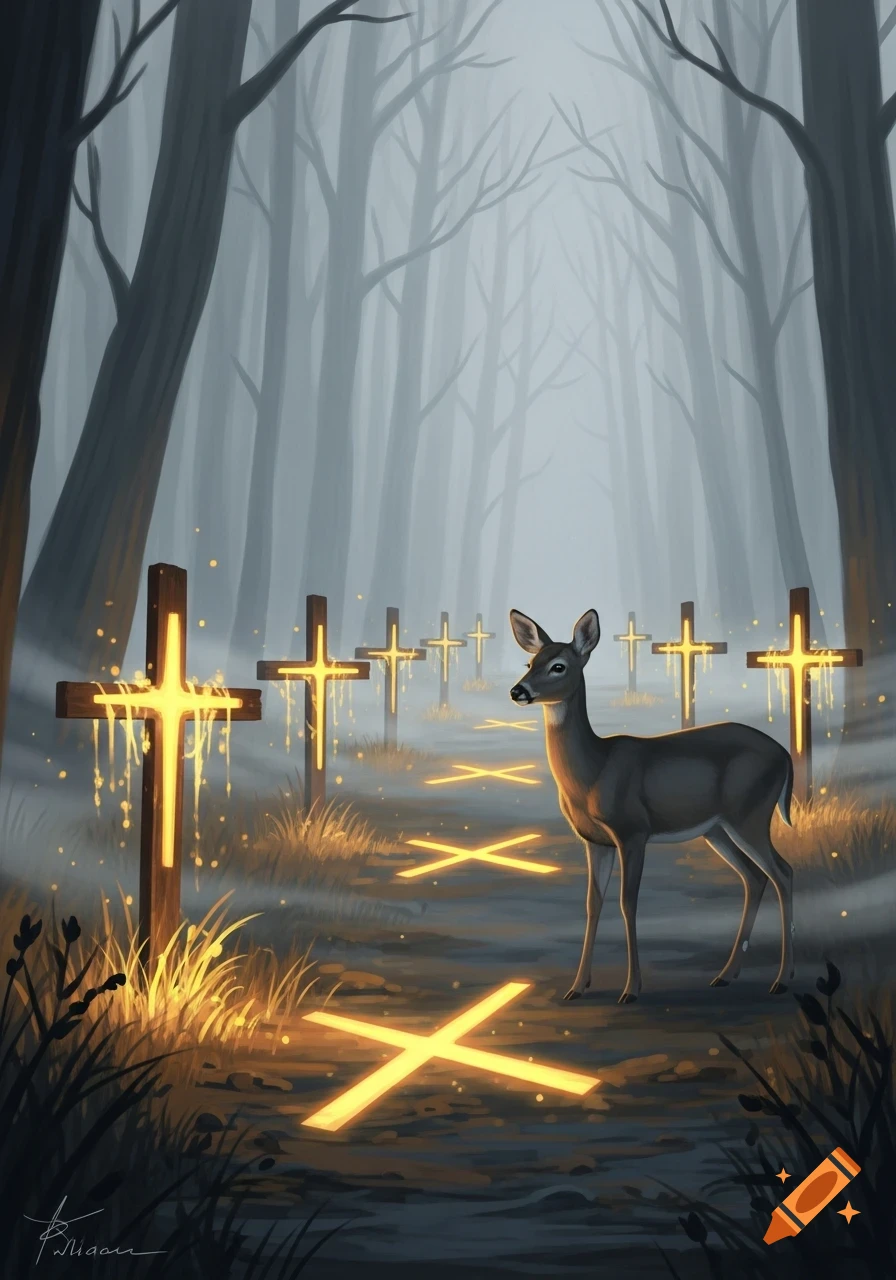 A deer stands on a glowing path surrounded by luminous crosses in a mystical, foggy forest, digital painting style.