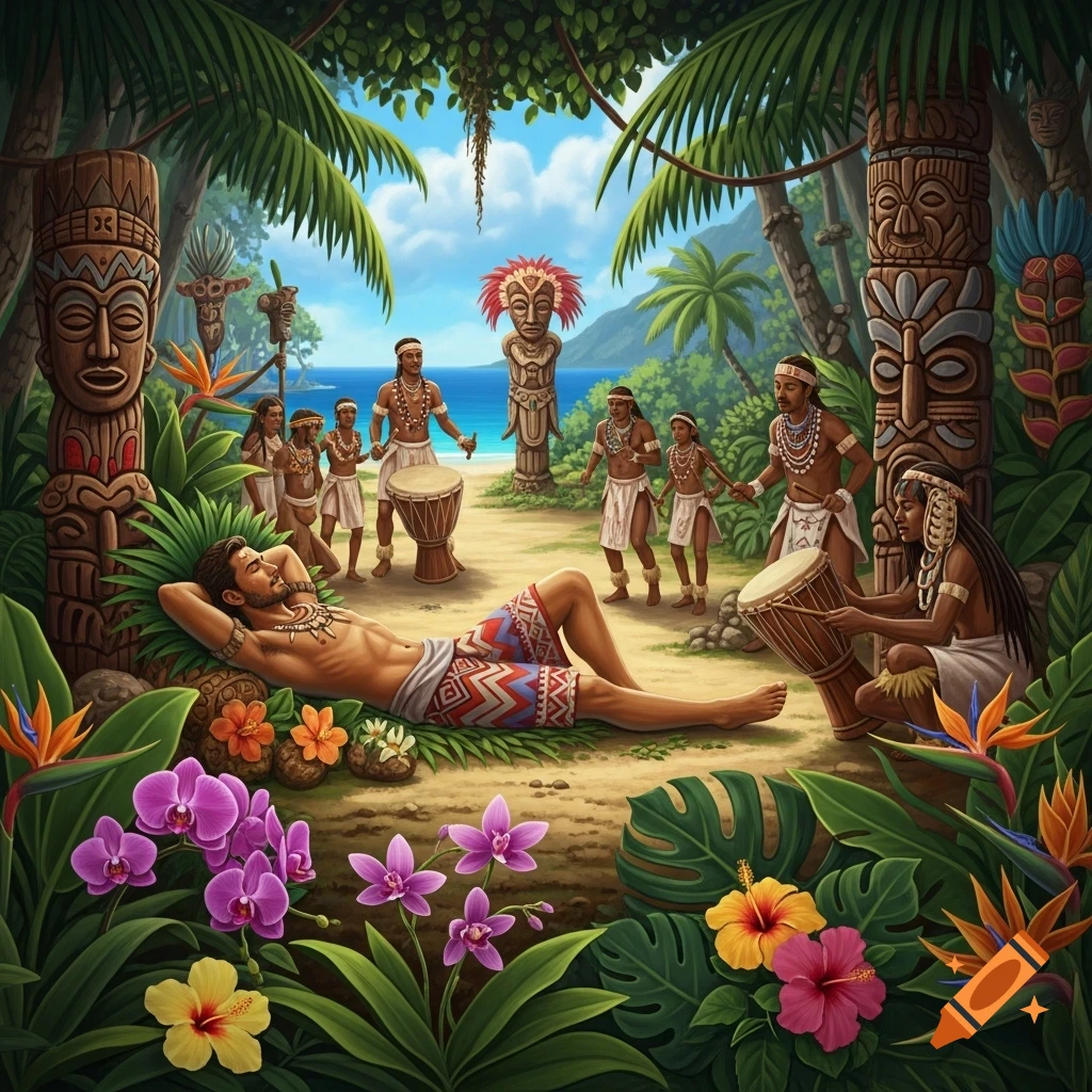 Detailed illustration of a man relaxing on a tropical island beach with tribal people playing drums among lush plants and tiki totems.