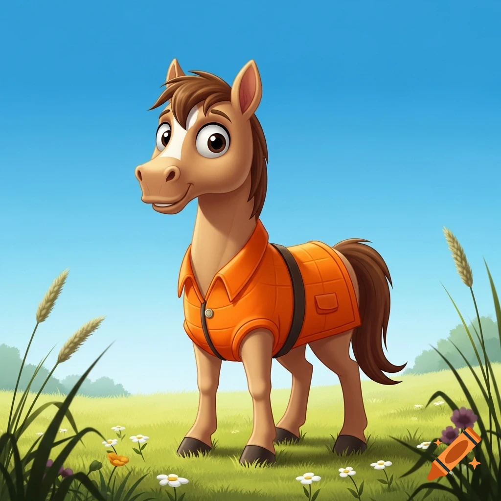 A cartoon horse wearing an orange vest stands in a grassy field under a blue sky.